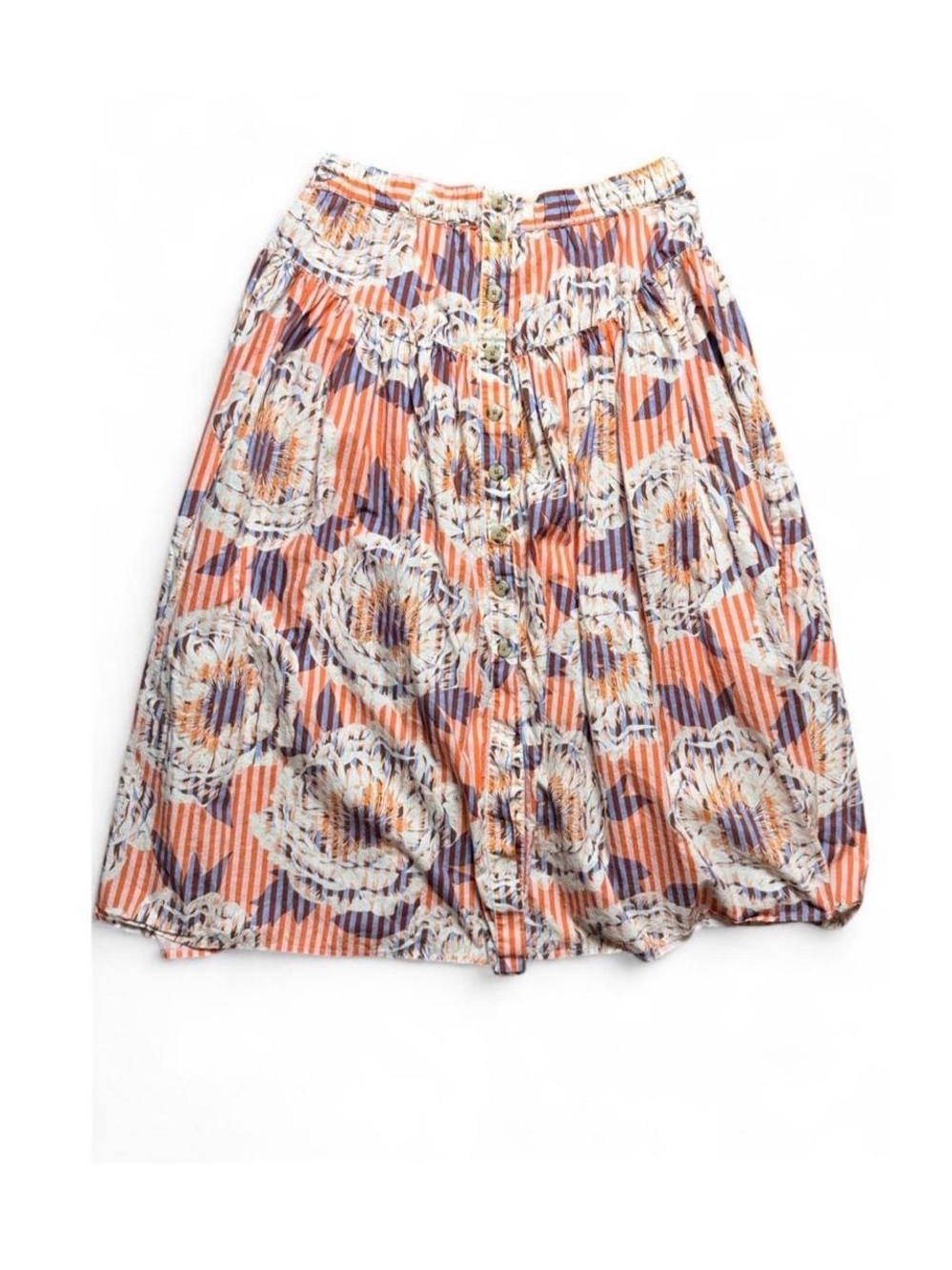 Anthropologie Orange & Blue Striped Button-Front Midi Skirt — Size Large